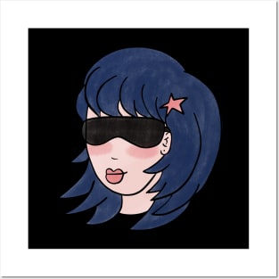 Pepette Star Light, Dreams & Love Beautiful Blue Haired Girl With Sunglasses and a Star Barrette Rockstar Blue Hair Lover Perfect Gift for Blue Haired Girl Hair Pin Blushing Woman Cute Girl Design Posters and Art